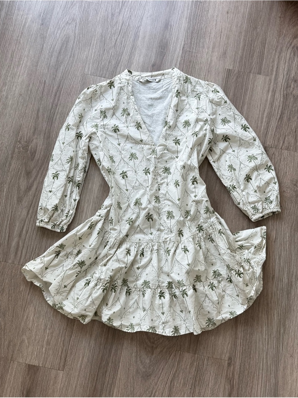 Zara White Mini Dress with Green Palm Print - Large